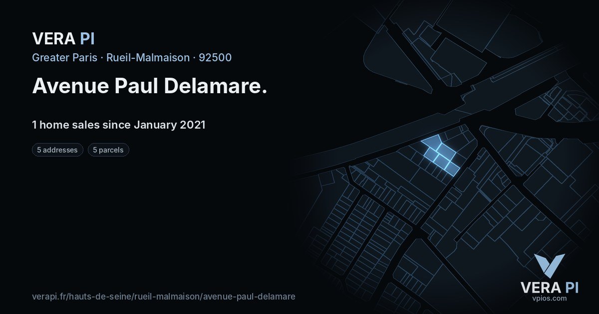 Avenue Paul Delamare, Rueil-Malmaison at night – every parcel coloured by the prices around it, the street's own parcels lit