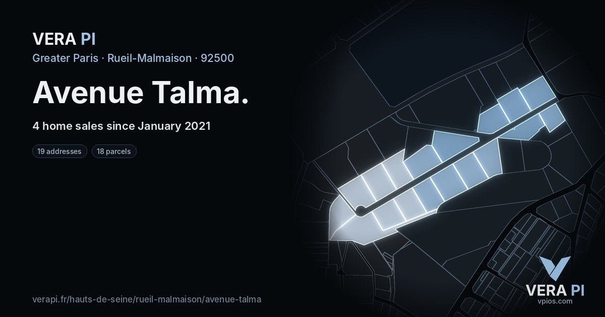Avenue Talma, Rueil-Malmaison at night – every parcel coloured by the prices around it, the street's own parcels lit