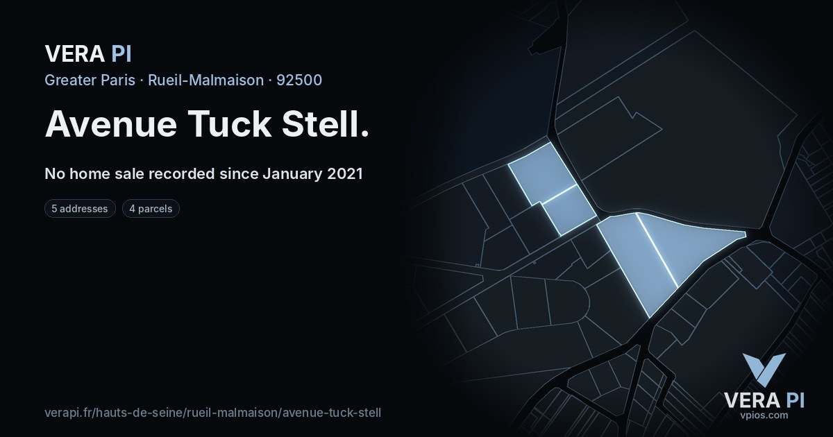 Avenue Tuck Stell, Rueil-Malmaison at night – every parcel coloured by the prices around it, the street's own parcels lit