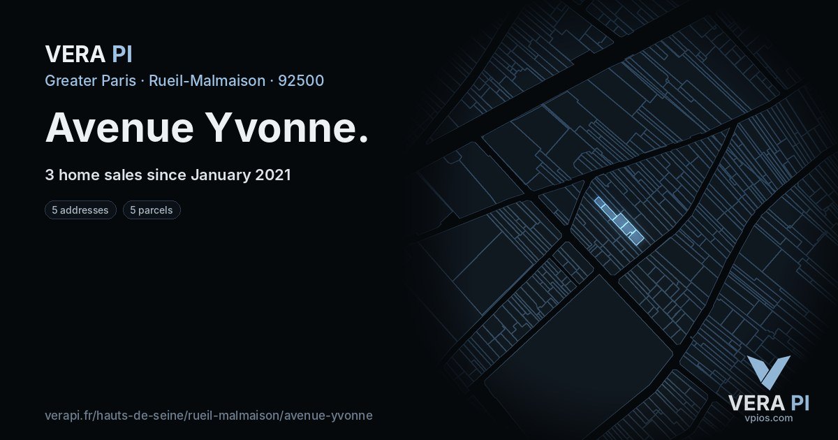 Avenue Yvonne, Rueil-Malmaison at night – every parcel coloured by the prices around it, the street's own parcels lit