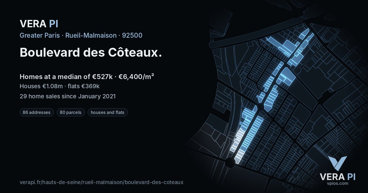 Boulevard des Côteaux, Rueil-Malmaison at night – every parcel coloured by the prices around it, the street's own parcels lit