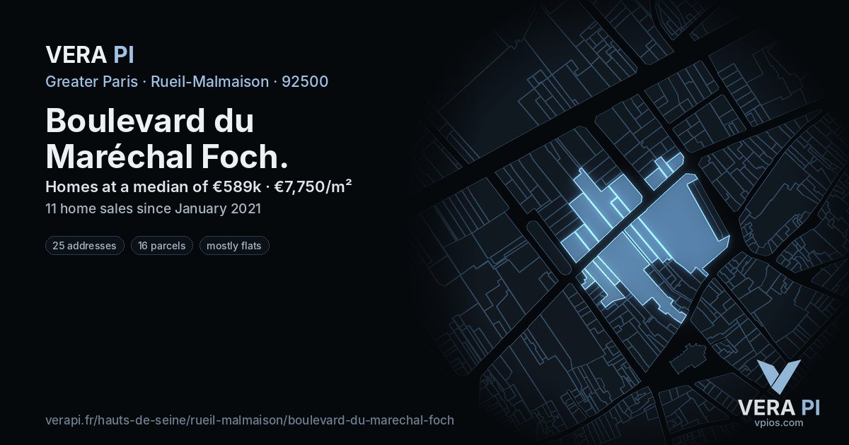 Boulevard du Maréchal Foch, Rueil-Malmaison at night – every parcel coloured by the prices around it, the street's own parcels lit