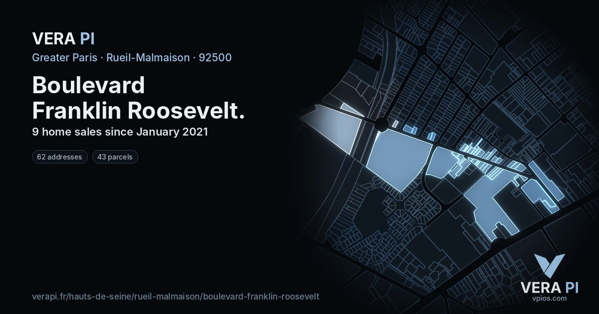 Boulevard Franklin Roosevelt, Rueil-Malmaison at night – every parcel coloured by the prices around it, the street's own parcels lit