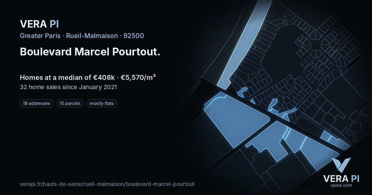 Boulevard Marcel Pourtout, Rueil-Malmaison at night – every parcel coloured by the prices around it, the street's own parcels lit