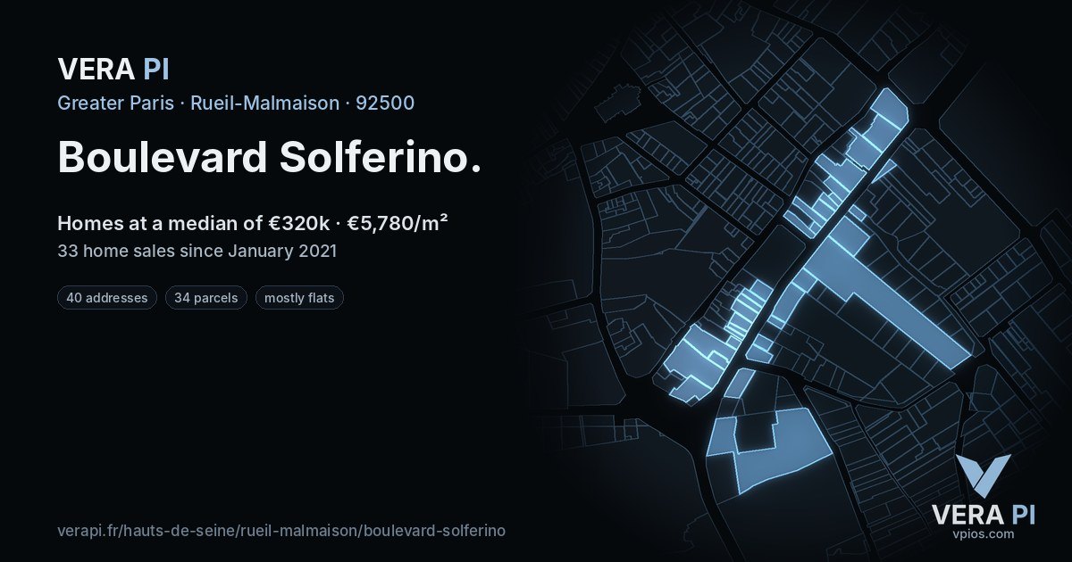 Boulevard Solferino, Rueil-Malmaison at night – every parcel coloured by the prices around it, the street's own parcels lit