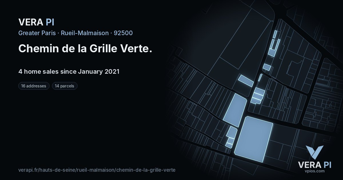 Chemin de la Grille Verte, Rueil-Malmaison at night – every parcel coloured by the prices around it, the street's own parcels lit