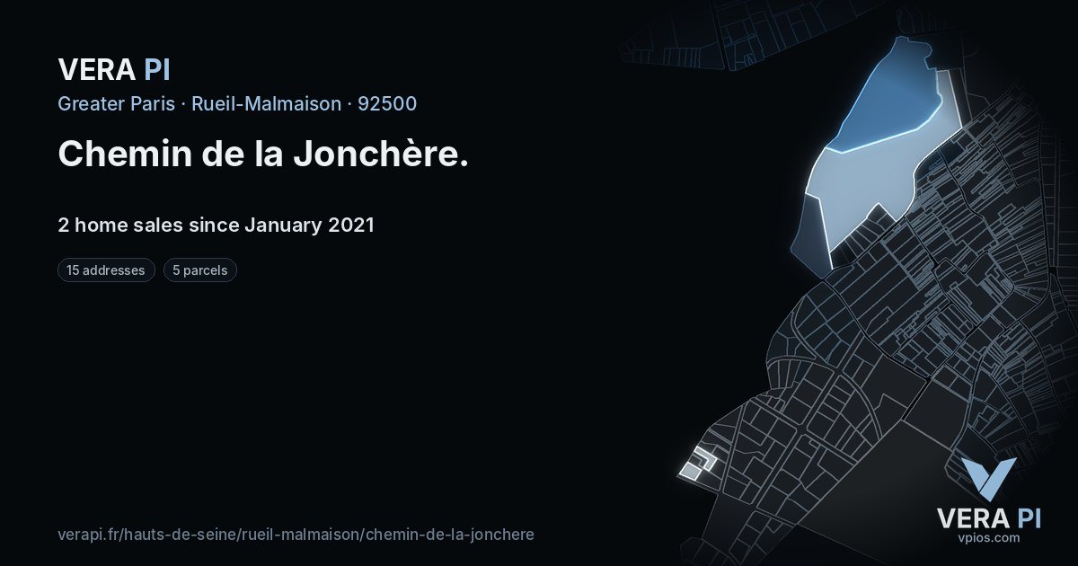 Chemin de la Jonchère, Rueil-Malmaison at night – every parcel coloured by the prices around it, the street's own parcels lit