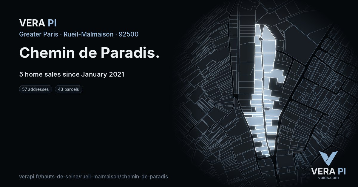 Chemin de Paradis, Rueil-Malmaison at night – every parcel coloured by the prices around it, the street's own parcels lit