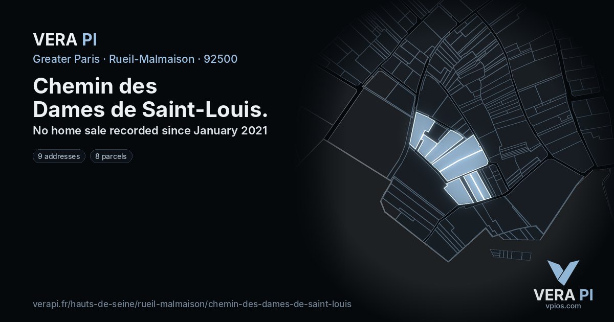 Chemin des Dames de Saint-Louis, Rueil-Malmaison at night – every parcel coloured by the prices around it, the street's own parcels lit