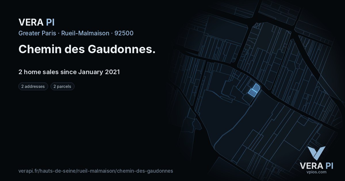 Chemin des Gaudonnes, Rueil-Malmaison at night – every parcel coloured by the prices around it, the street's own parcels lit