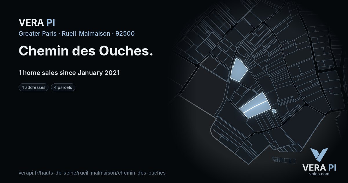 Chemin des Ouches, Rueil-Malmaison at night – every parcel coloured by the prices around it, the street's own parcels lit