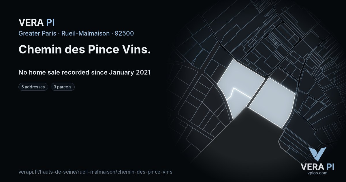 Chemin des Pince Vins, Rueil-Malmaison at night – every parcel coloured by the prices around it, the street's own parcels lit