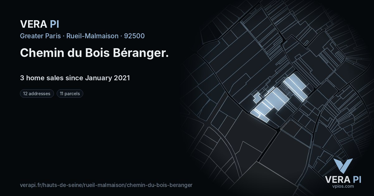 Chemin du Bois Béranger, Rueil-Malmaison at night – every parcel coloured by the prices around it, the street's own parcels lit