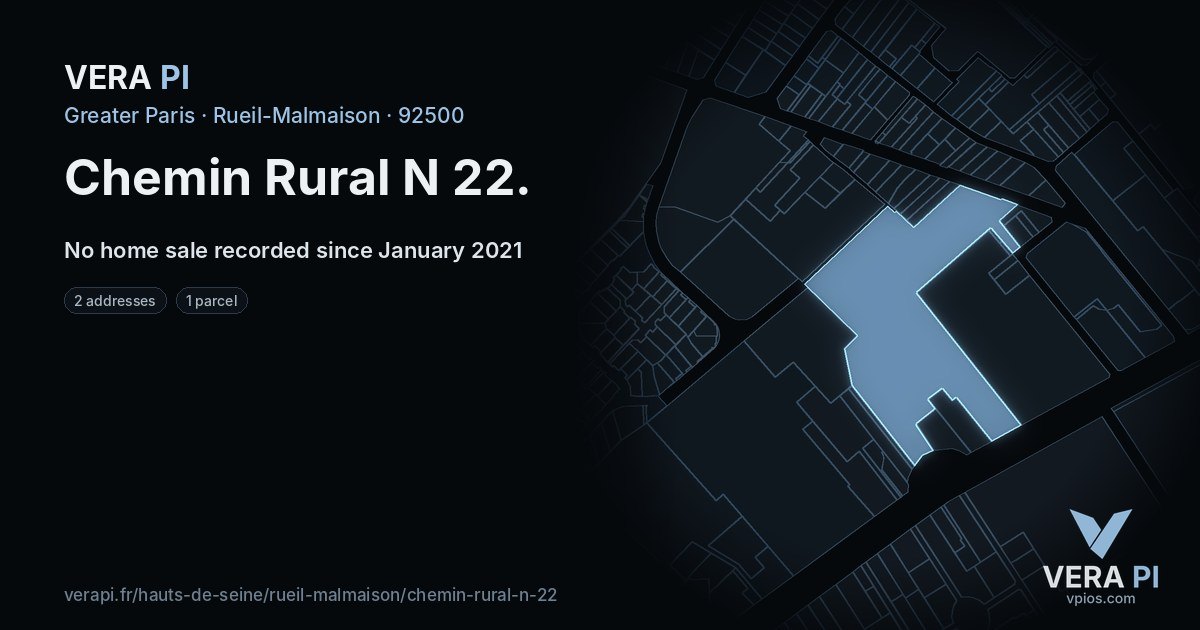 Chemin Rural N 22, Rueil-Malmaison at night – every parcel coloured by the prices around it, the street's own parcels lit