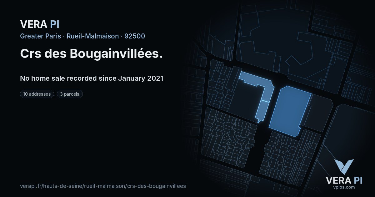 Crs des Bougainvillées, Rueil-Malmaison at night – every parcel coloured by the prices around it, the street's own parcels lit