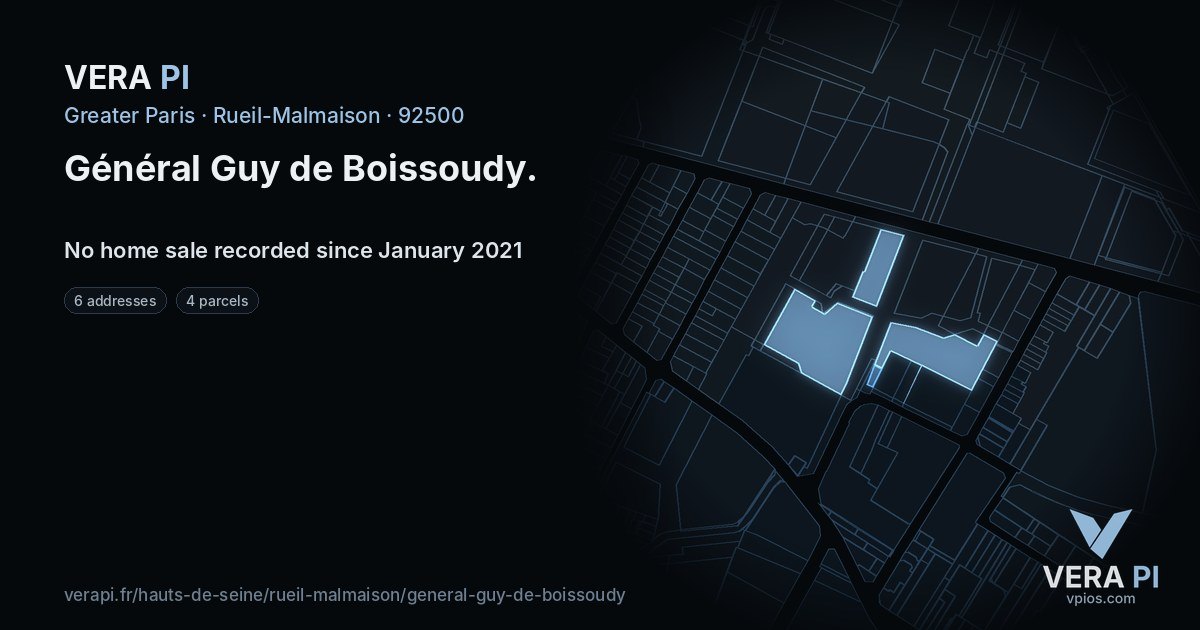 Général Guy de Boissoudy, Rueil-Malmaison at night – every parcel coloured by the prices around it, the street's own parcels lit