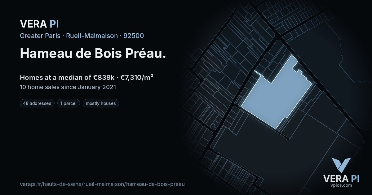 Hameau de Bois Préau, Rueil-Malmaison at night – every parcel coloured by the prices around it, the street's own parcels lit
