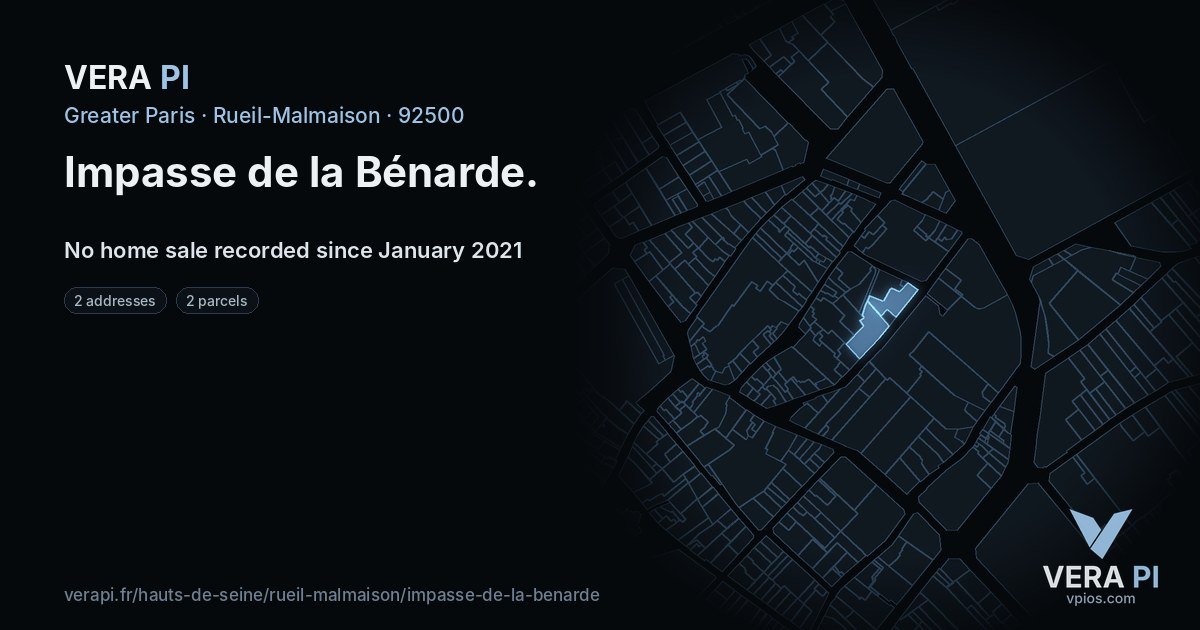 Impasse de la Bénarde, Rueil-Malmaison at night – every parcel coloured by the prices around it, the street's own parcels lit