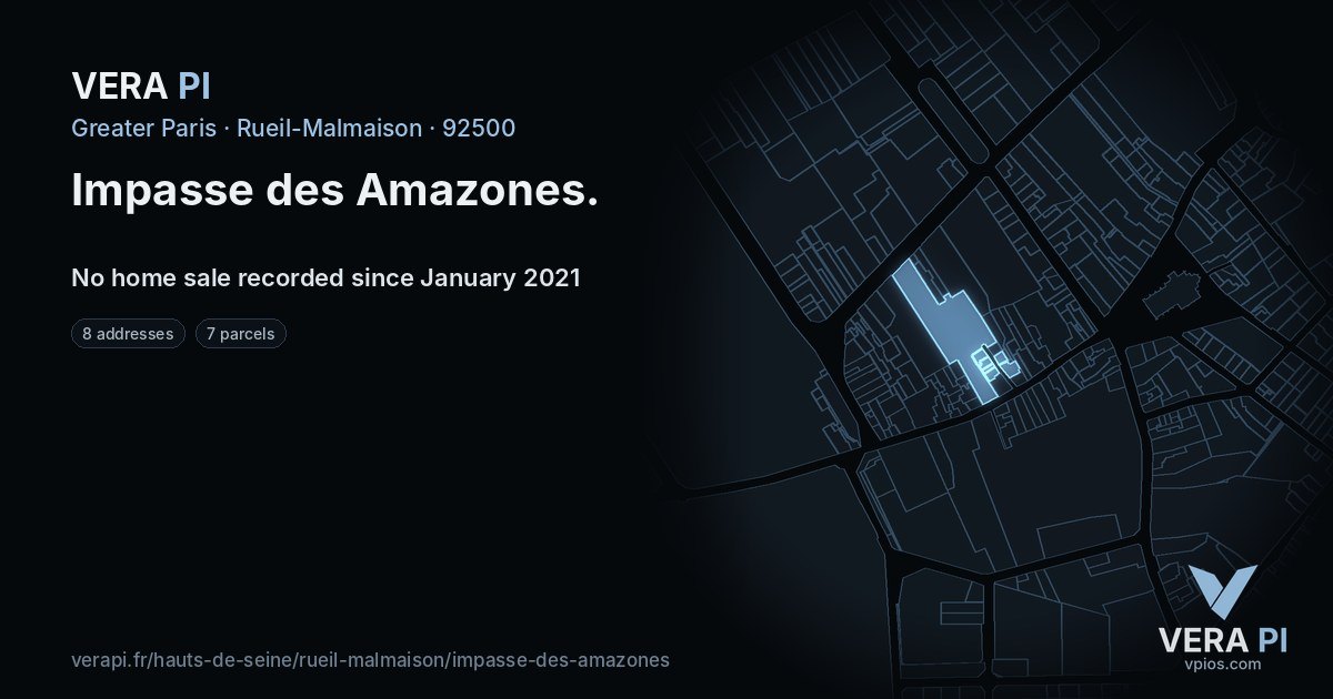 Impasse des Amazones, Rueil-Malmaison at night – every parcel coloured by the prices around it, the street's own parcels lit