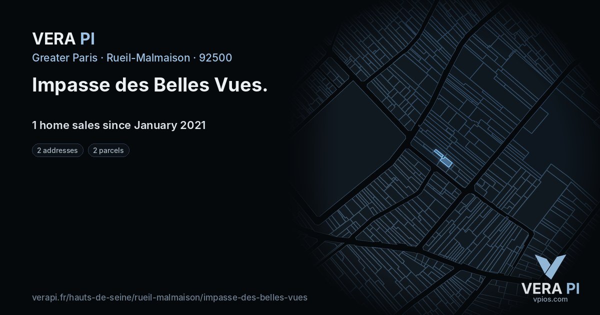 Impasse des Belles Vues, Rueil-Malmaison at night – every parcel coloured by the prices around it, the street's own parcels lit
