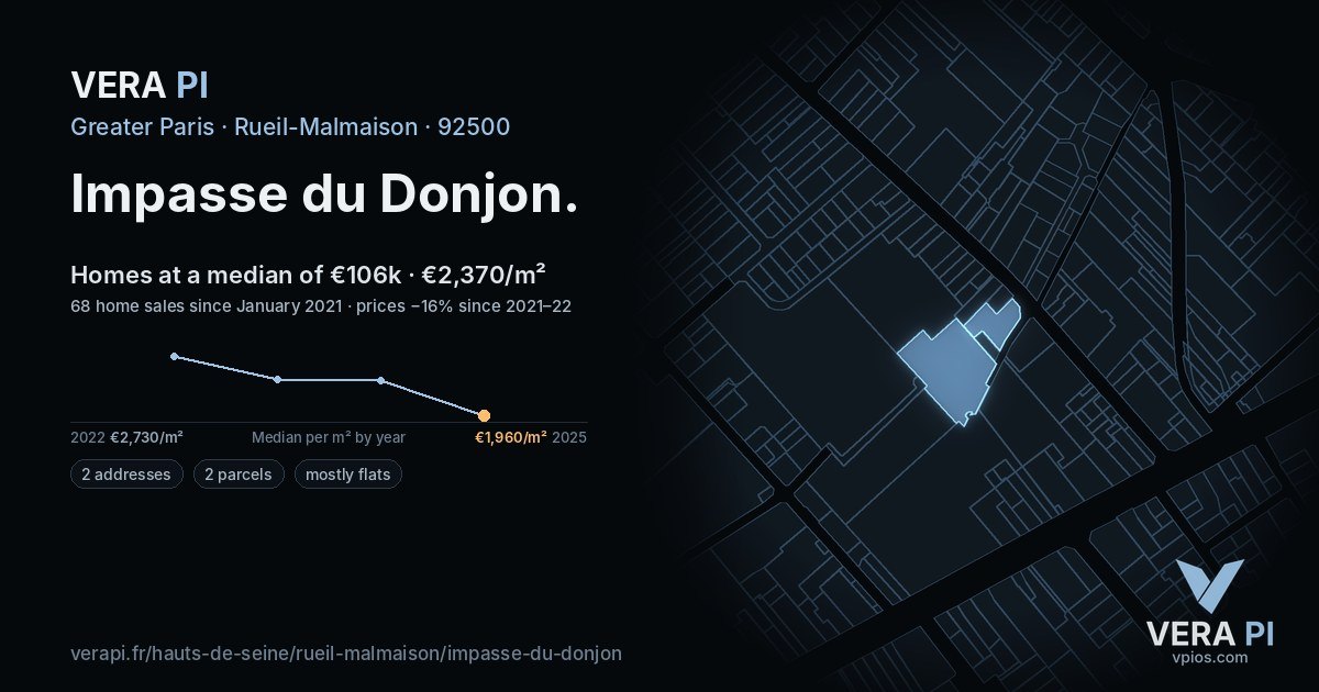 Impasse du Donjon, Rueil-Malmaison at night – every parcel coloured by the prices around it, the street's own parcels lit