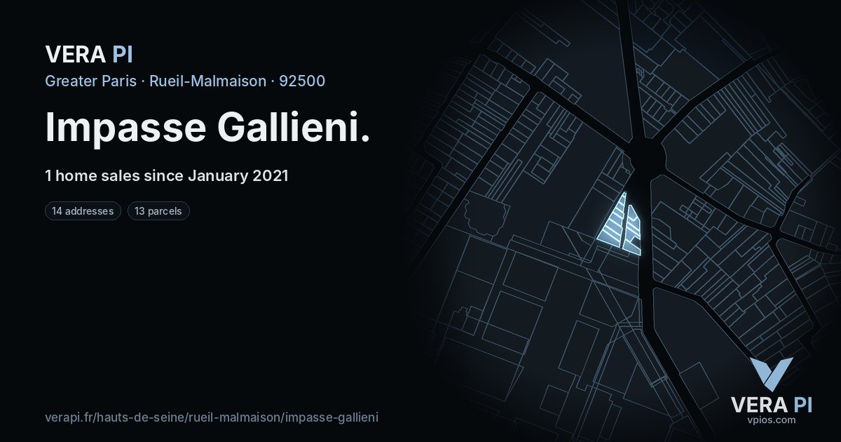Impasse Gallieni, Rueil-Malmaison at night – every parcel coloured by the prices around it, the street's own parcels lit