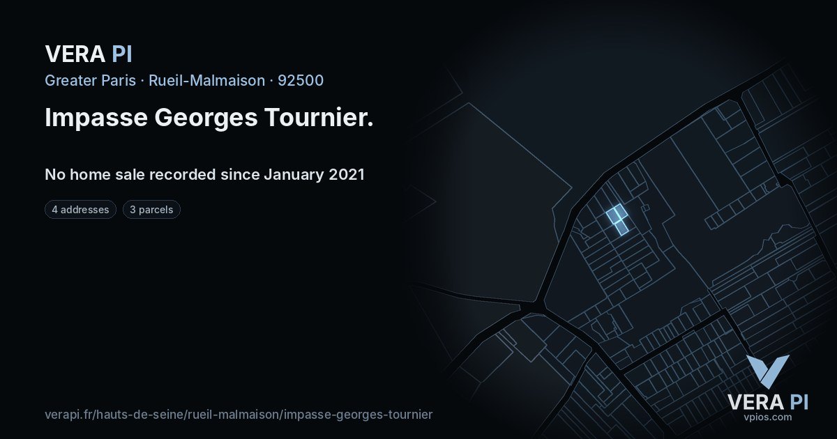 Impasse Georges Tournier, Rueil-Malmaison at night – every parcel coloured by the prices around it, the street's own parcels lit