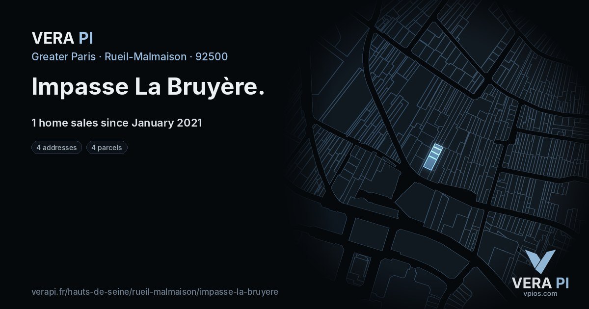 Impasse La Bruyère, Rueil-Malmaison at night – every parcel coloured by the prices around it, the street's own parcels lit