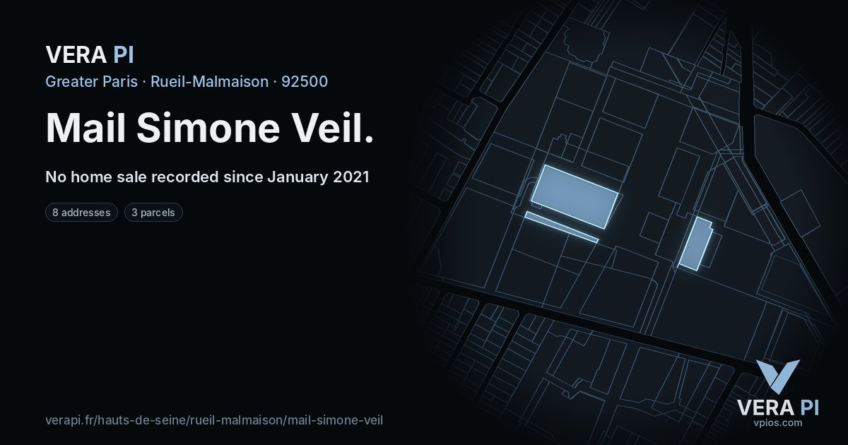 Mail Simone Veil, Rueil-Malmaison at night – every parcel coloured by the prices around it, the street's own parcels lit