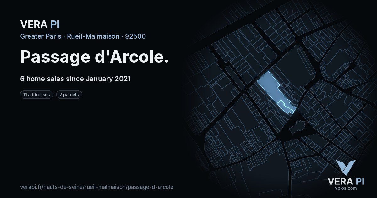 Passage d'Arcole, Rueil-Malmaison at night – every parcel coloured by the prices around it, the street's own parcels lit