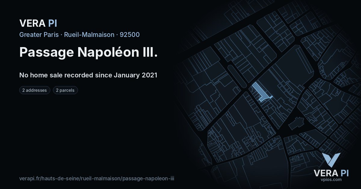 Passage Napoléon III, Rueil-Malmaison at night – every parcel coloured by the prices around it, the street's own parcels lit
