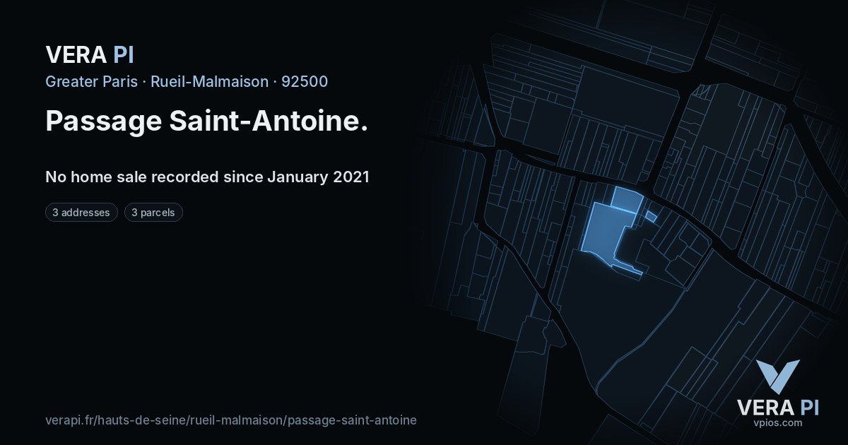 Passage Saint-Antoine, Rueil-Malmaison at night – every parcel coloured by the prices around it, the street's own parcels lit