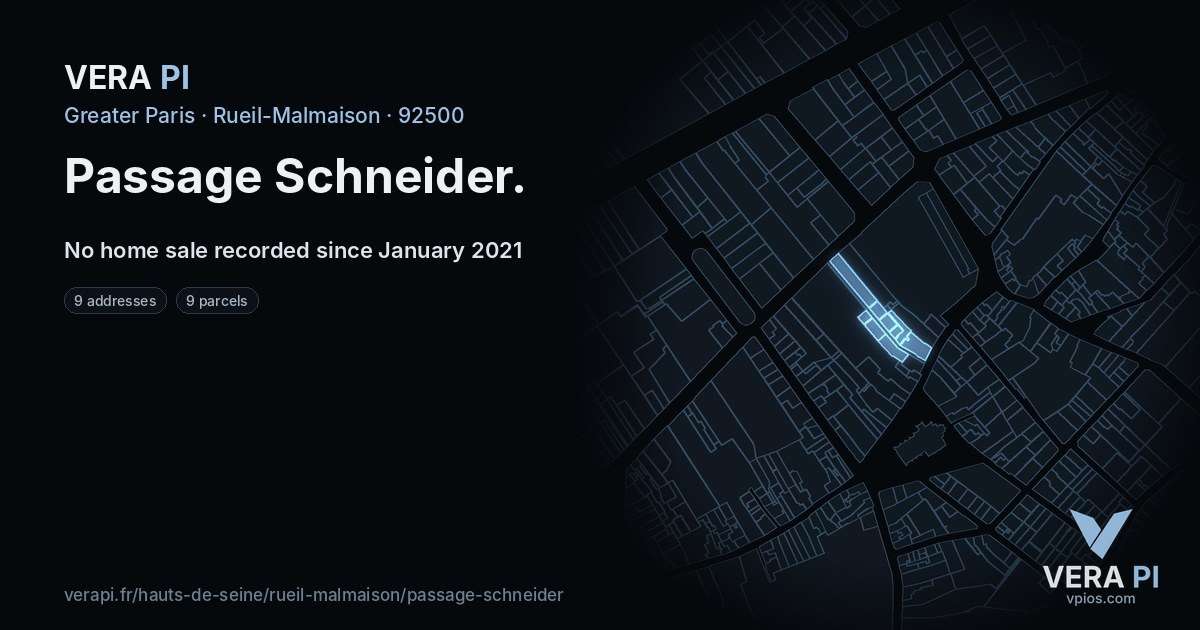 Passage Schneider, Rueil-Malmaison at night – every parcel coloured by the prices around it, the street's own parcels lit