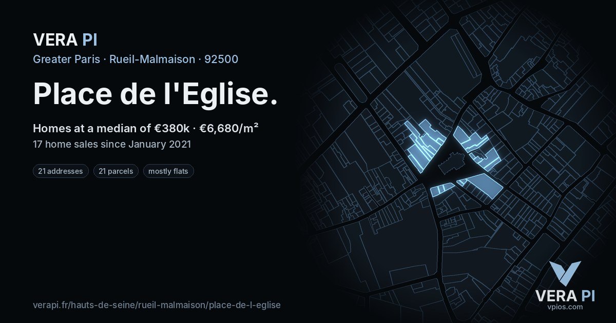 Place de l'Eglise, Rueil-Malmaison at night – every parcel coloured by the prices around it, the street's own parcels lit