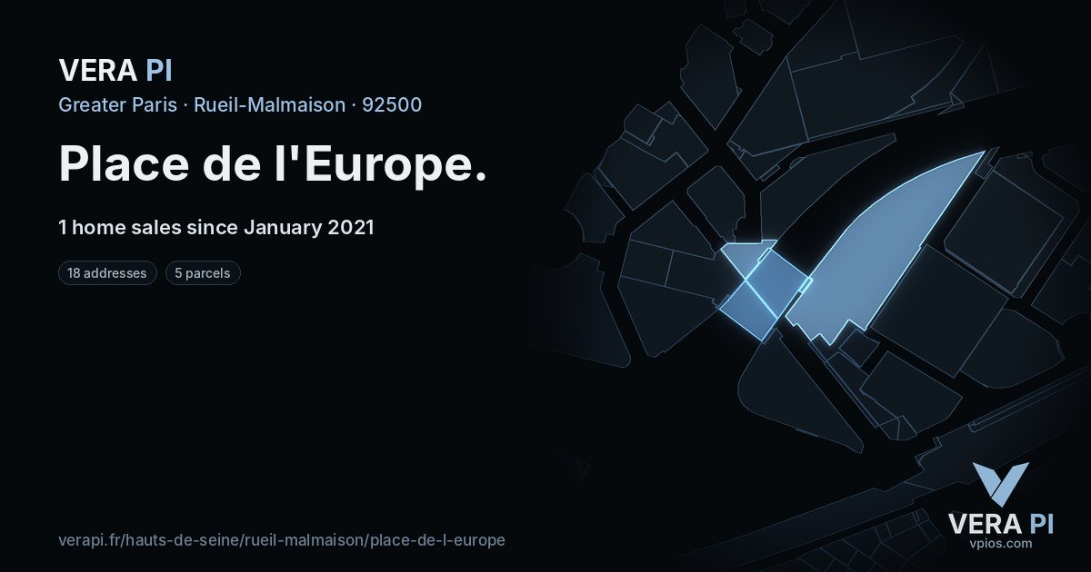 Place de l'Europe, Rueil-Malmaison at night – every parcel coloured by the prices around it, the street's own parcels lit