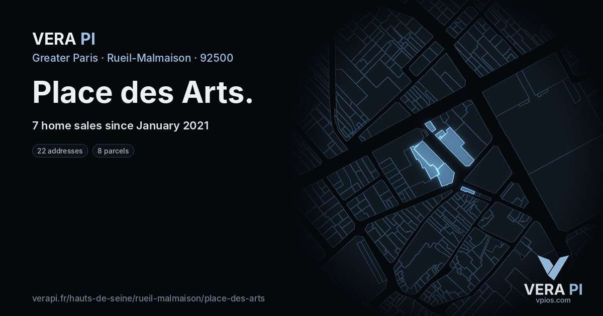 Place des Arts, Rueil-Malmaison at night – every parcel coloured by the prices around it, the street's own parcels lit