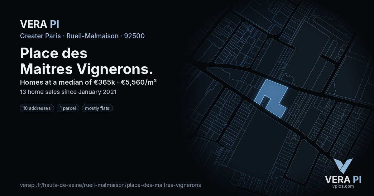 Place des Maitres Vignerons, Rueil-Malmaison at night – every parcel coloured by the prices around it, the street's own parcels lit