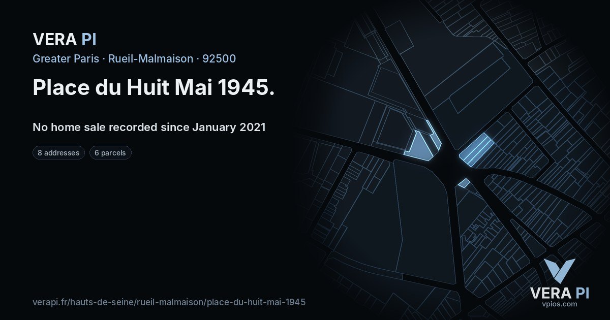 Place du Huit Mai 1945, Rueil-Malmaison at night – every parcel coloured by the prices around it, the street's own parcels lit