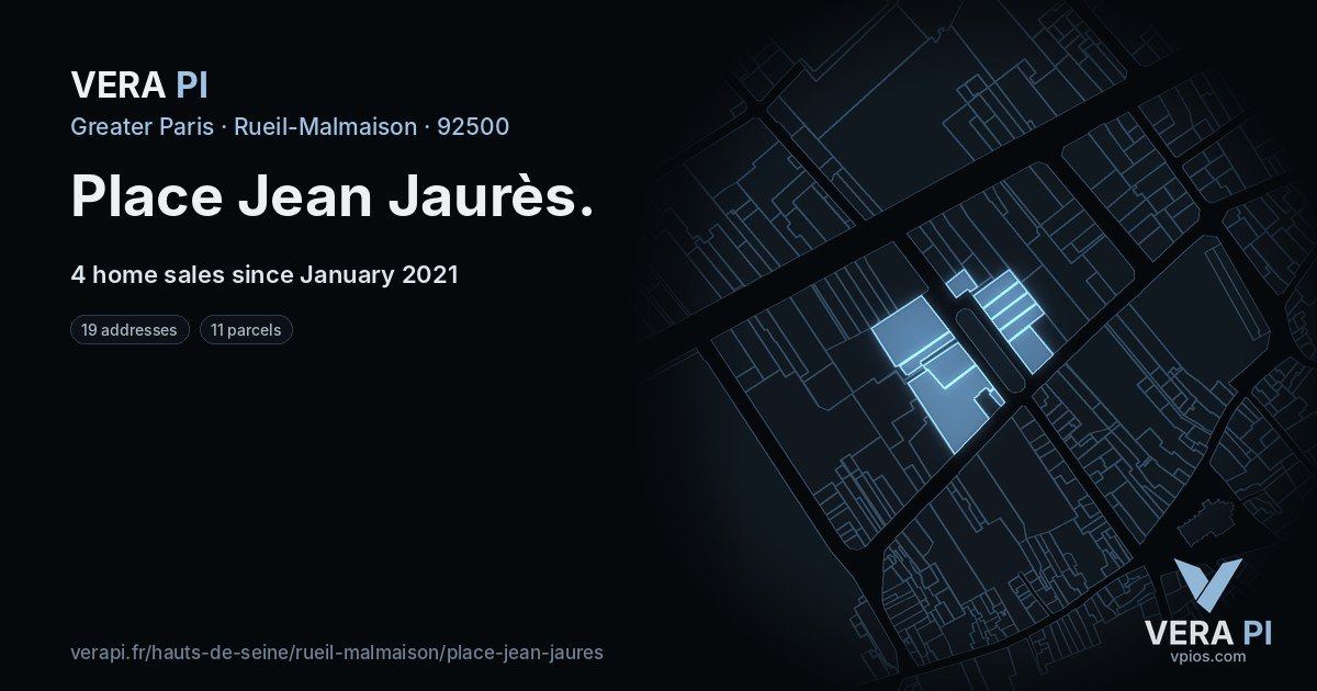Place Jean Jaurès, Rueil-Malmaison at night – every parcel coloured by the prices around it, the street's own parcels lit