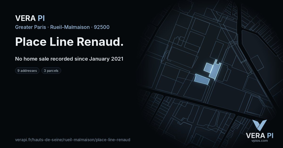 Place Line Renaud, Rueil-Malmaison at night – every parcel coloured by the prices around it, the street's own parcels lit