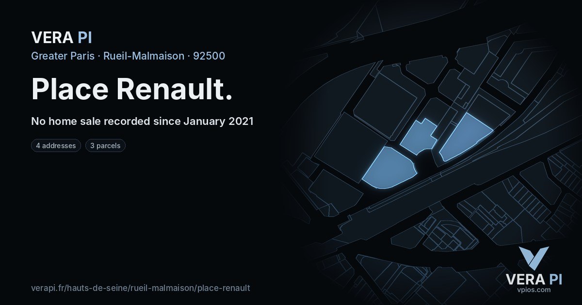 Place Renault, Rueil-Malmaison at night – every parcel coloured by the prices around it, the street's own parcels lit