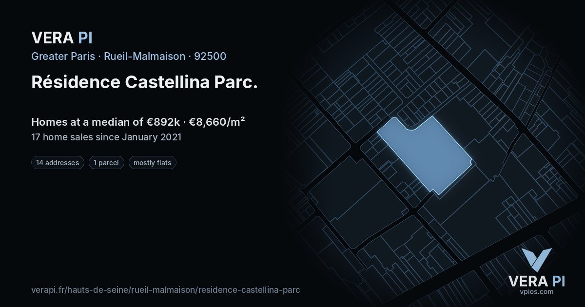 Résidence Castellina Parc, Rueil-Malmaison at night – every parcel coloured by the prices around it, the street's own parcels lit