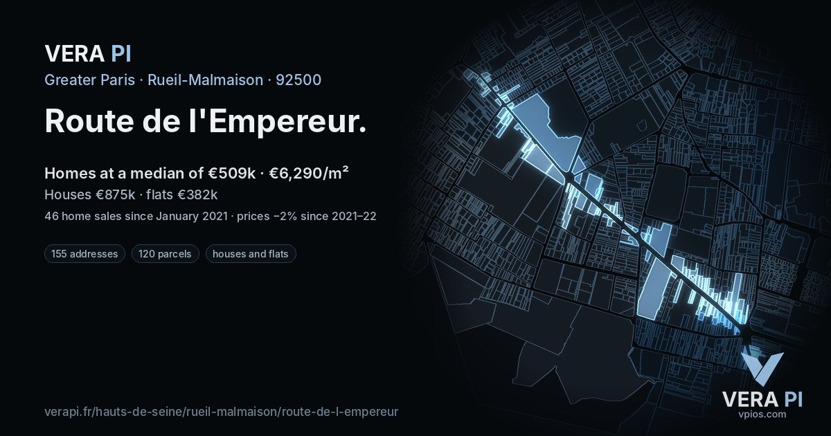 Route de l'Empereur, Rueil-Malmaison at night – every parcel coloured by the prices around it, the street's own parcels lit