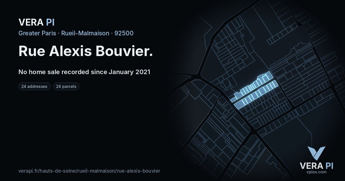 Rue Alexis Bouvier, Rueil-Malmaison at night – every parcel coloured by the prices around it, the street's own parcels lit