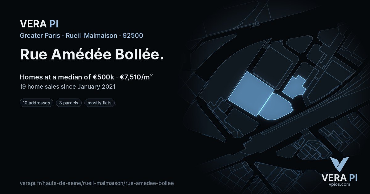 Rue Amédée Bollée, Rueil-Malmaison at night – every parcel coloured by the prices around it, the street's own parcels lit