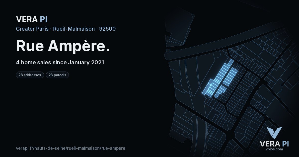 Rue Ampère, Rueil-Malmaison at night – every parcel coloured by the prices around it, the street's own parcels lit