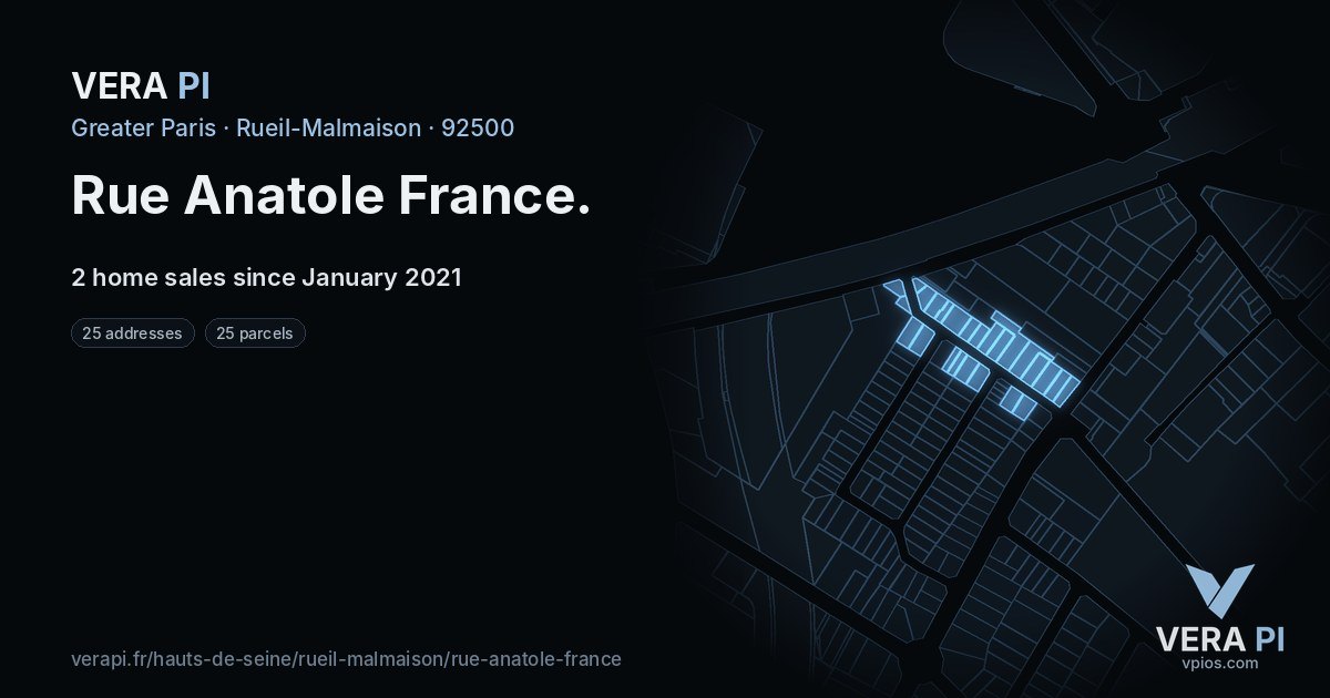 Rue Anatole France, Rueil-Malmaison at night – every parcel coloured by the prices around it, the street's own parcels lit