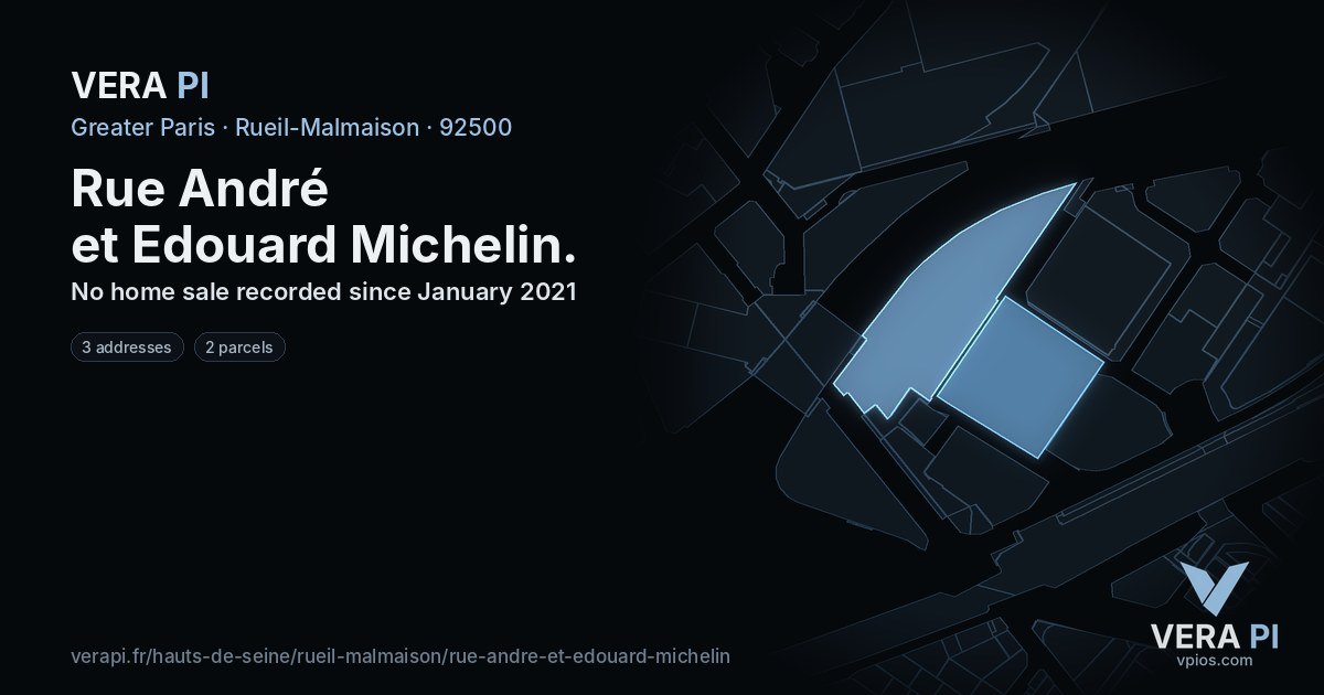Rue André et Edouard Michelin, Rueil-Malmaison at night – every parcel coloured by the prices around it, the street's own parcels lit