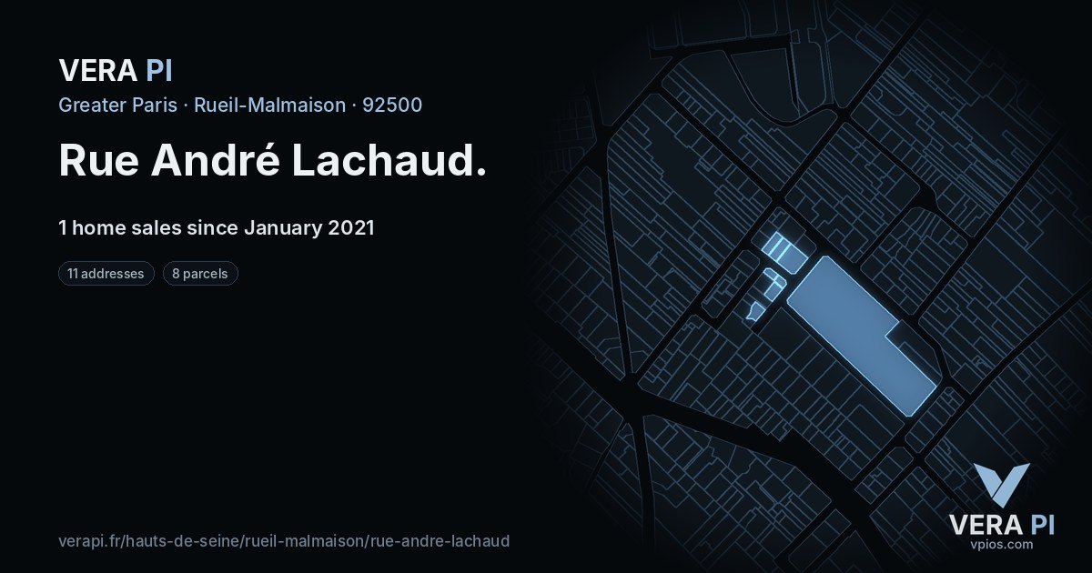 Rue André Lachaud, Rueil-Malmaison at night – every parcel coloured by the prices around it, the street's own parcels lit
