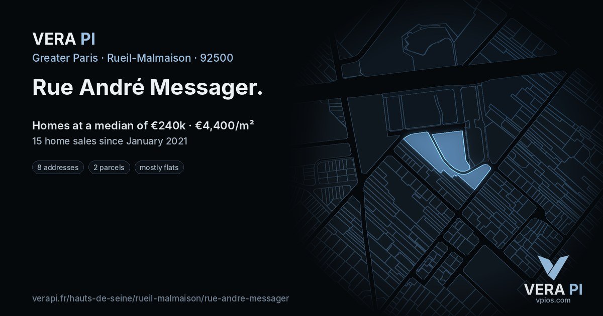 Rue André Messager, Rueil-Malmaison at night – every parcel coloured by the prices around it, the street's own parcels lit